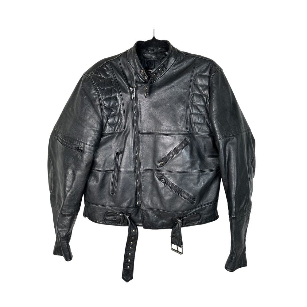 Steinmark L Wilsons $650 Heavy LEATHER Motorcycle Jacket Rider Safety Black 44 - Picture 2 of 12
